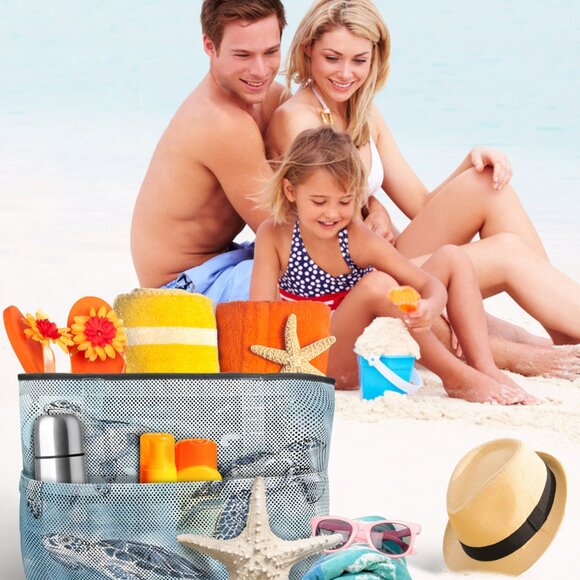 New Extra Large 3 Sea Turtle Scene 7 Pocket Mesh Sand-Proof Beach Bag - Picture 5 of 5